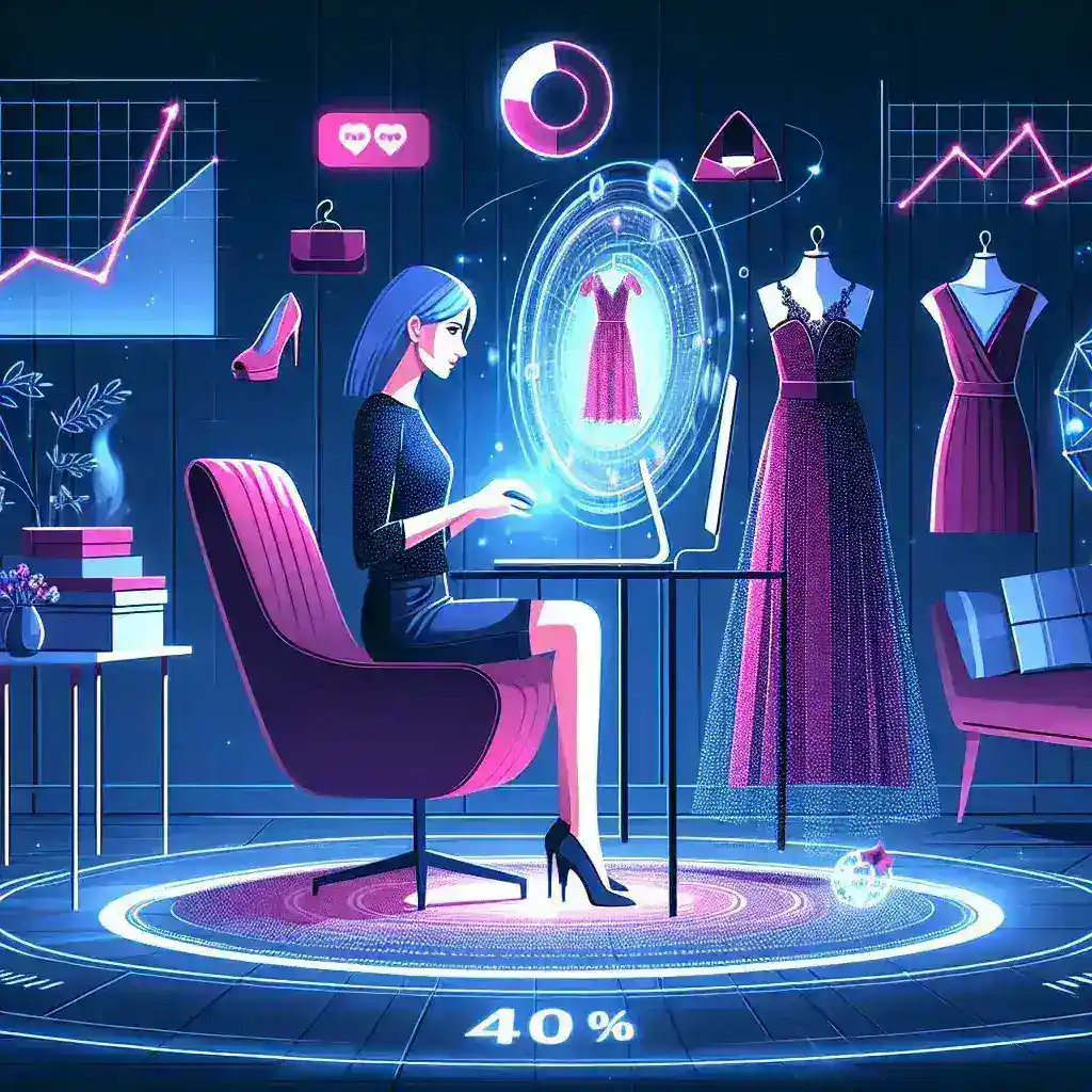 "Virtual product try-on technology enhancing online shopping experience, showcasing a customer virtually trying on clothing/accessories, illustrating a 40% increase in retail conversion rates."
