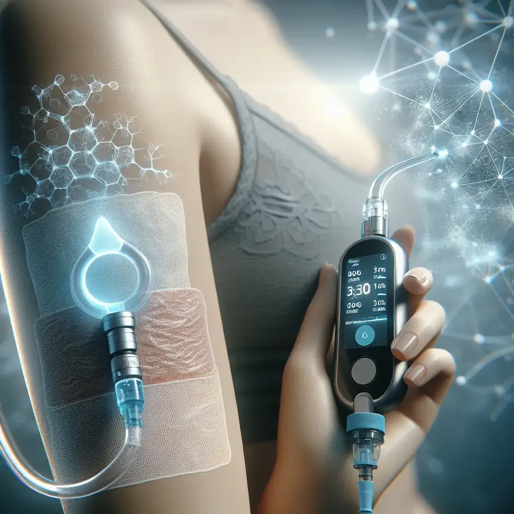 "Closed-loop insulin delivery system device displayed alongside a user-friendly smartphone app, showcasing automated glucose monitoring and insulin management for diabetics."