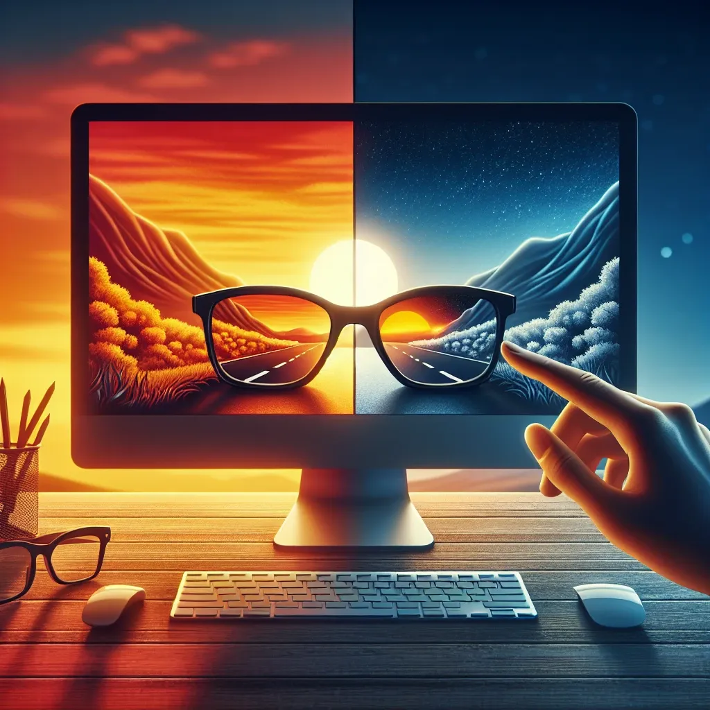 "Person adjusting blue light filter settings on a computer screen to reduce eye strain and improve sleep quality."