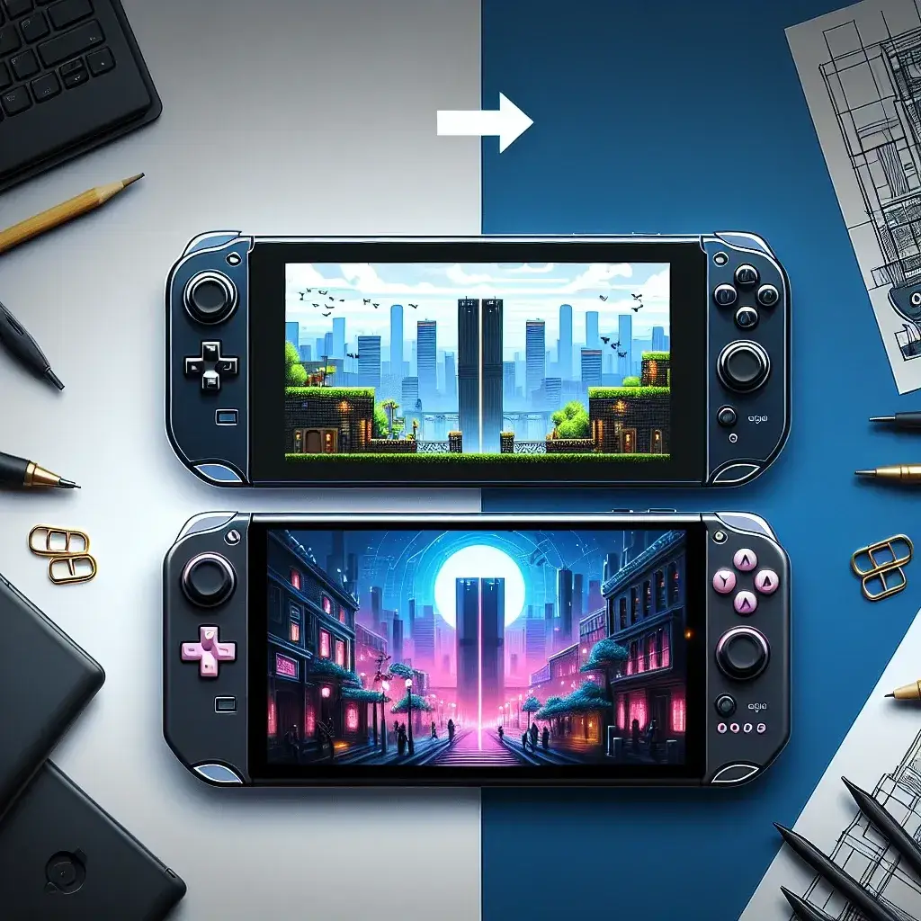 "Close-up of the rumored Nintendo Switch 2 featuring a larger screen, showcasing enhanced graphics and potential new gaming experience. Game controller and vibrant gameplay displayed on the upgraded device, highlighting its design evolution and implications for gamers."