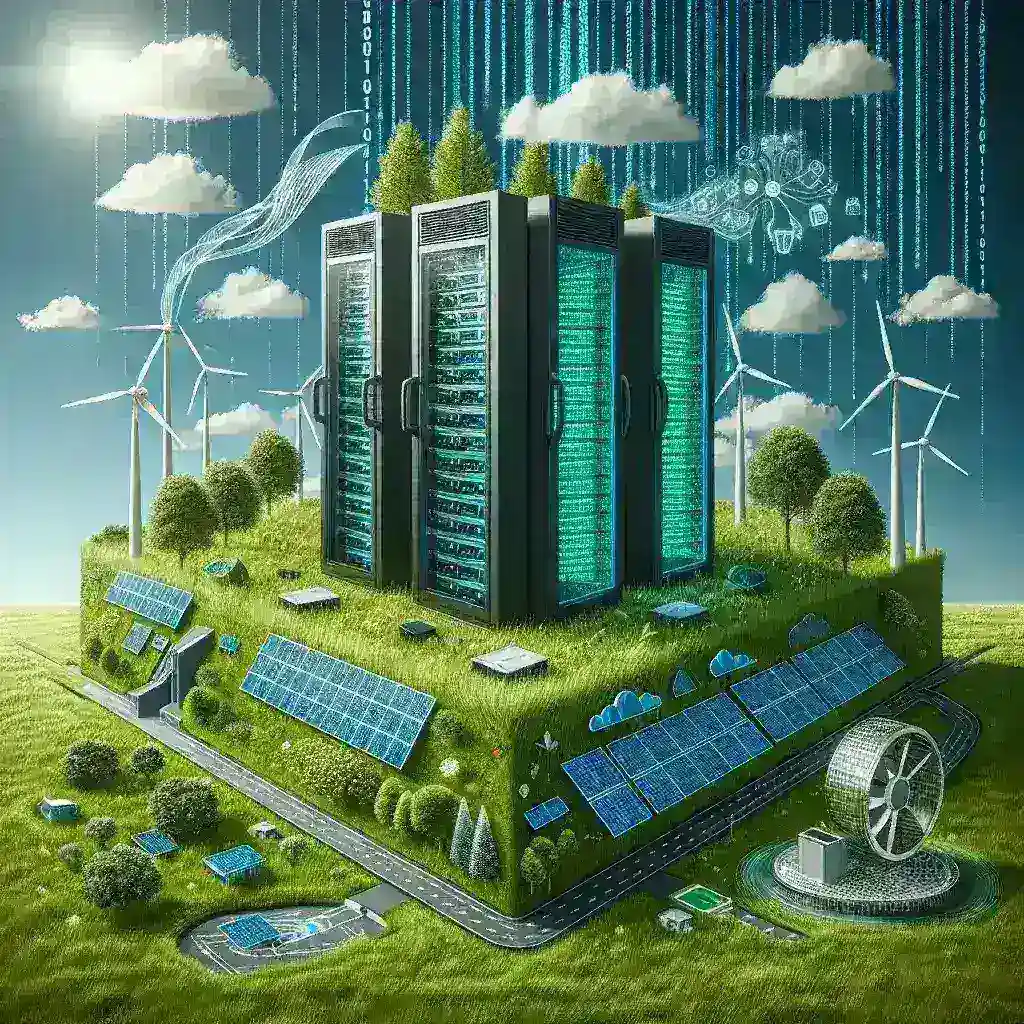 "Illustration of a modern green data center, showcasing energy-efficient technologies like solar panels, advanced cooling systems, and eco-friendly building materials, emphasizing sustainable practices in data management."