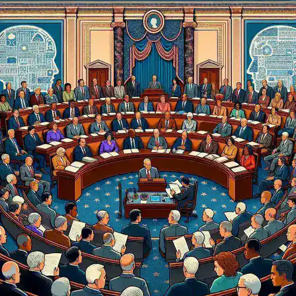"Senate chamber with lawmakers preparing for a vote on GOP-led legislation aimed at halting state AI regulations, reflecting the ongoing debate on artificial intelligence governance."