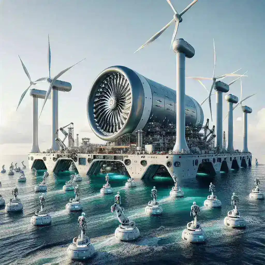 "AI robotics assembling next-generation ocean turbines at a coastal facility, showcasing advanced technology and minimal human intervention in renewable energy production."